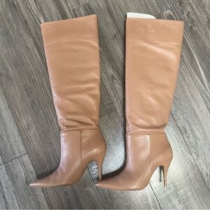 Zara Tan Soft Leather Knee High Heel Boots EU 38/7.5 has wear please review pics